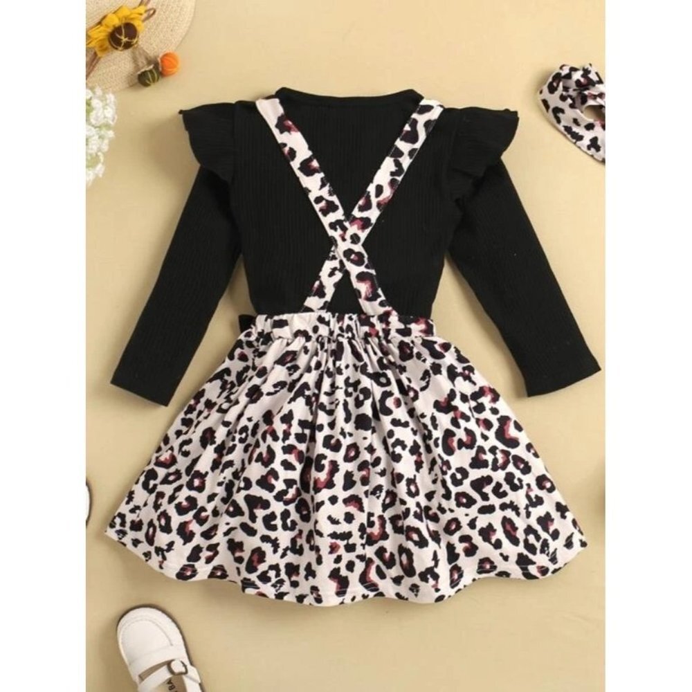 New Shein Girls Ruffle Trim Tee & Leopard Print Skirt & Headband -‎ Size 5-6Y - Picture 2 of 7